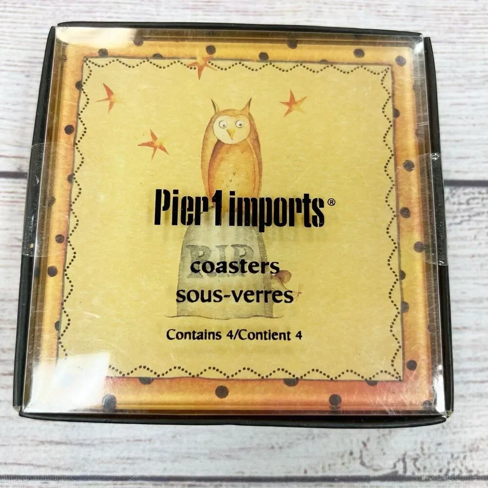 Pier 1 Imports Glass Coasters Old World Halloween Set of 4 Witch Ghost Bat Owl